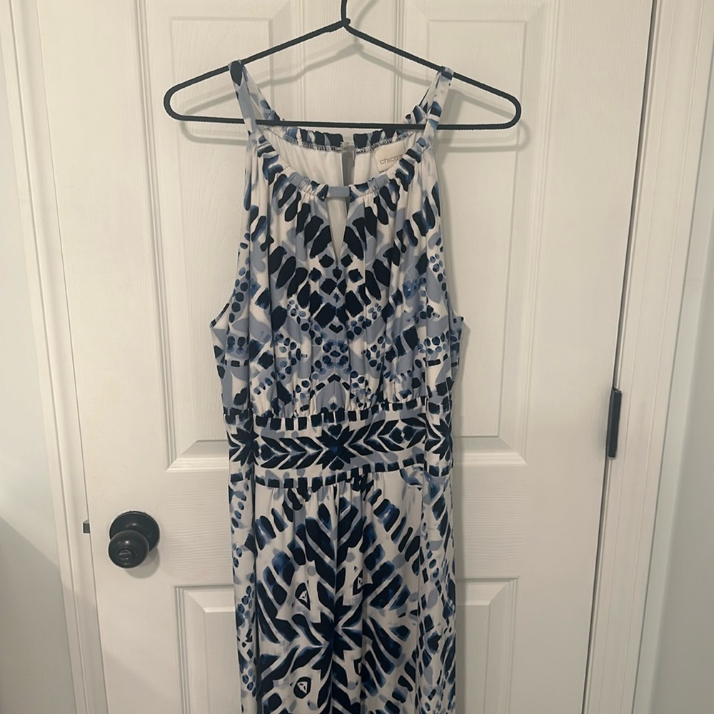Chico’s Blue Diamond Tie-Die Maxie Dress.